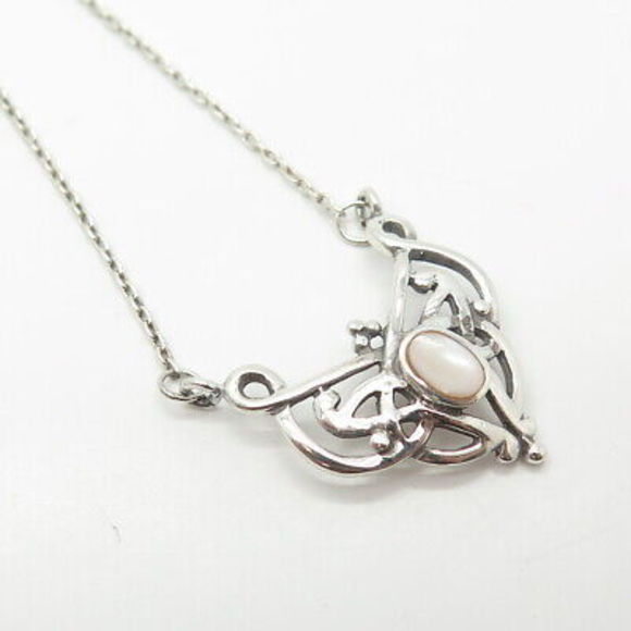 925 Sterling Silver Vintage Real Mother-of-Pearl Butterfly Chain Necklace 16" - Picture 4 of 9